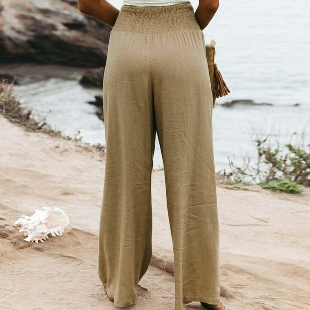 Pantalon De Pierna Ancha Pantalones casuales de mujer Algodon Lino Suelto Solido Verano Pantalon de pierna ancha Caqui S Kuymtek para Mujer Caqui T XL Walmart en linea