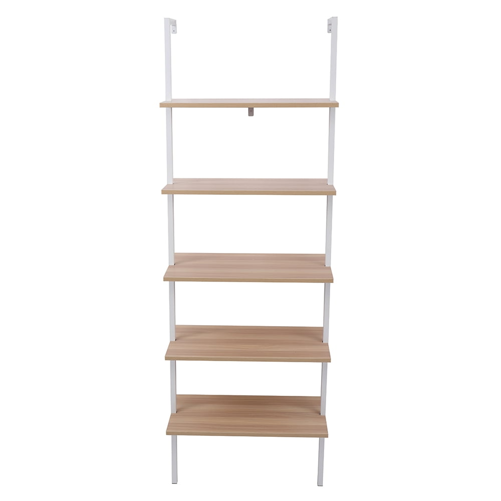 5-Shelf Wood Ladder Bookcase with Metal Frame, Industrial 5-Tier Modern Ladder Shelf Wood Shelves, For Living Room, Bedroom & Office​ Walnut