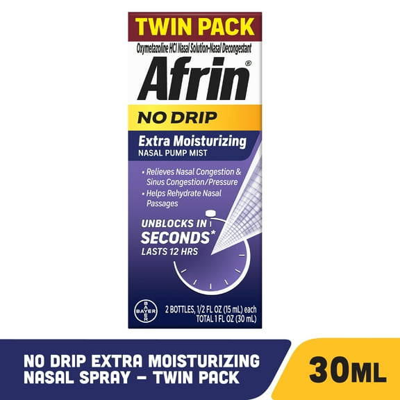 Afrin No Drip Extra Moisturizing Nasal Spray,12 Hour Congestion Relief, 15 mL, 2 Count