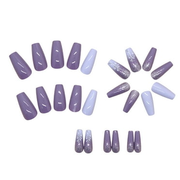 Hukai 24Pcs Women's Gradients Purpled Shimmery Press On Nails with Flower Designs Long Square