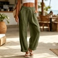 thumbnail image 2 of Women's Linen Cotton Loose Fit Casual Long Pants, Elastic Drawstring High Waist, Soft Pockets & Solid Color, Lounge Summer Business, Womens Trousers Capris | UKHCCC,Army Green L, 2 of 9