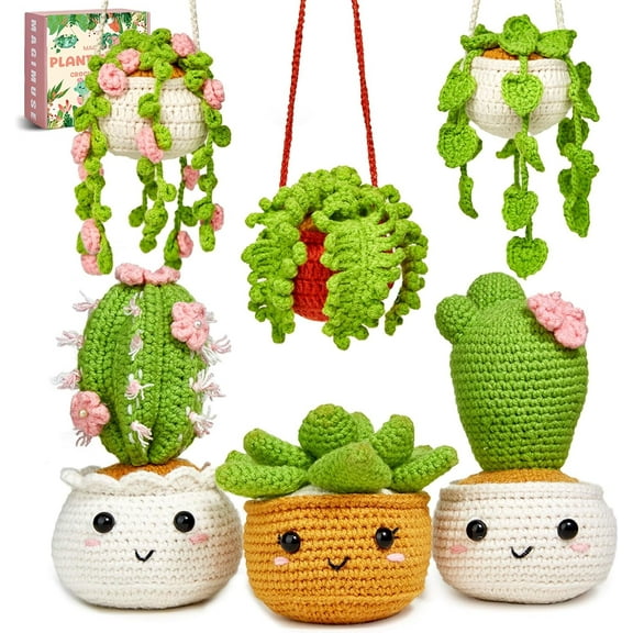 SONGAUN Crochet Kit for Beginners, Crochet Starter Kits, Amigurumi Craft Knitting Crocheting Kits with Step-by-Step Video Tutorials, 6 Pack Hanging Potted Plants Family(40%+ Yarn
