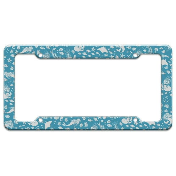 Blue Mermaid Pattern with Seashells Fish Manta Rays Ocean License Plate Tag Frame