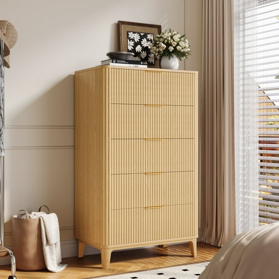 UGTOO 45.2" Tall 5-Drawers Dresser, Natural Wood Chest of Drawers for Bedroom, Living Room & Kitchen Slim Storage Cabinet with Smooth Gliding Drawers, Space-Saving Organizer (25 lbs/Drawer)