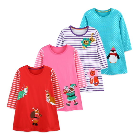 Emy Dola Toddler Girls Long Sleeve Christmas Dress Cartoon Appliques Jersey Dresses Kids Casual A-line Playwear Dress