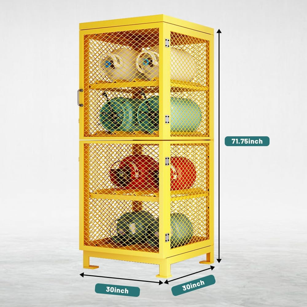 Yeeoy Horizontal Cylinder Storage Cabinet, 8 Cylinder Capacity, 30" L x 30" W x 71.7" H Propane Tank Storage Cage, Steel Safety Gas Cylinder Cabinet with Lockable Doors, Yellow Powder Coat Finish