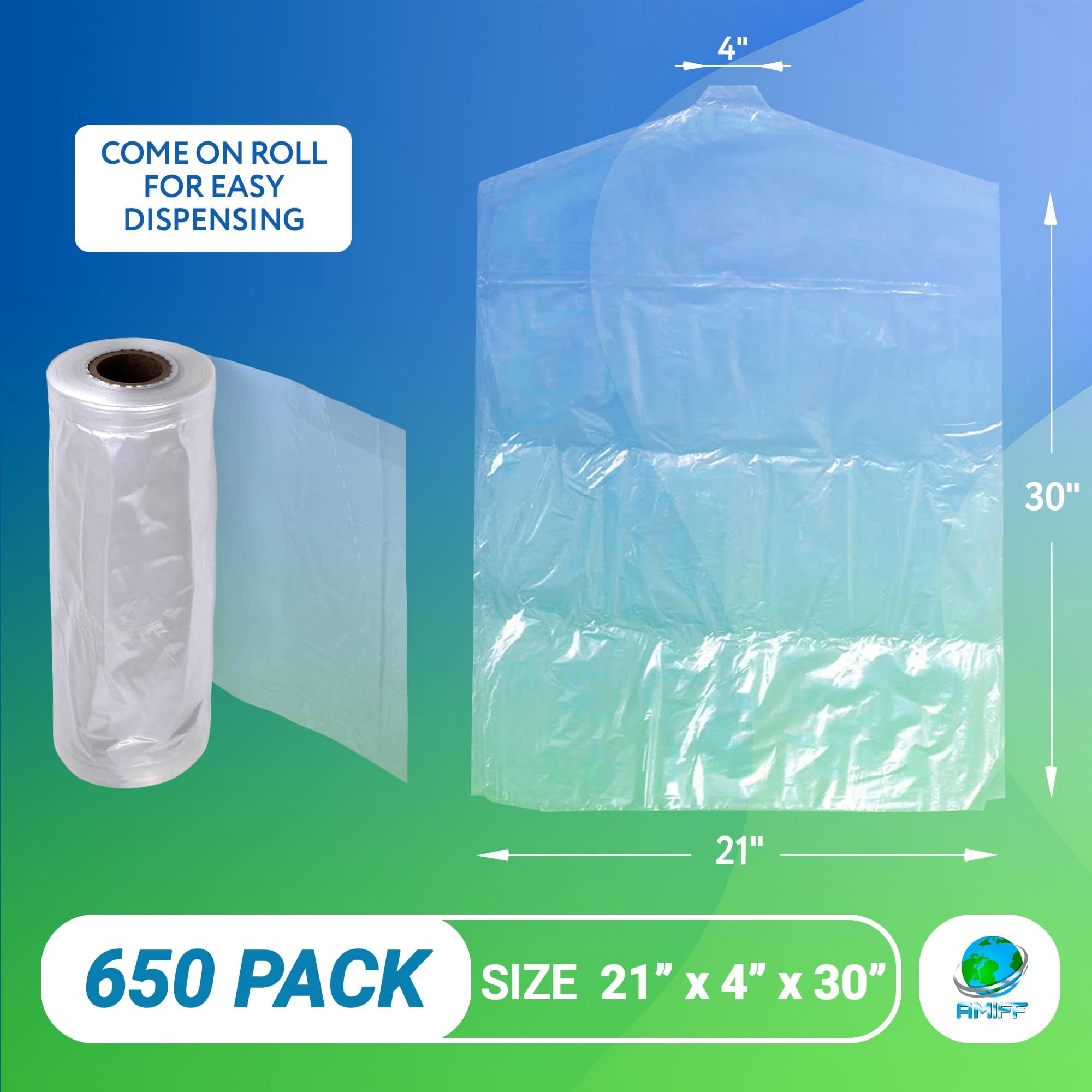 Clear Garment Bags for Storage, 21 x 4 x 30 Inches, Roll of 650 Clear Plastic Garment Bags for Hanging Clothes with Hanger Holes