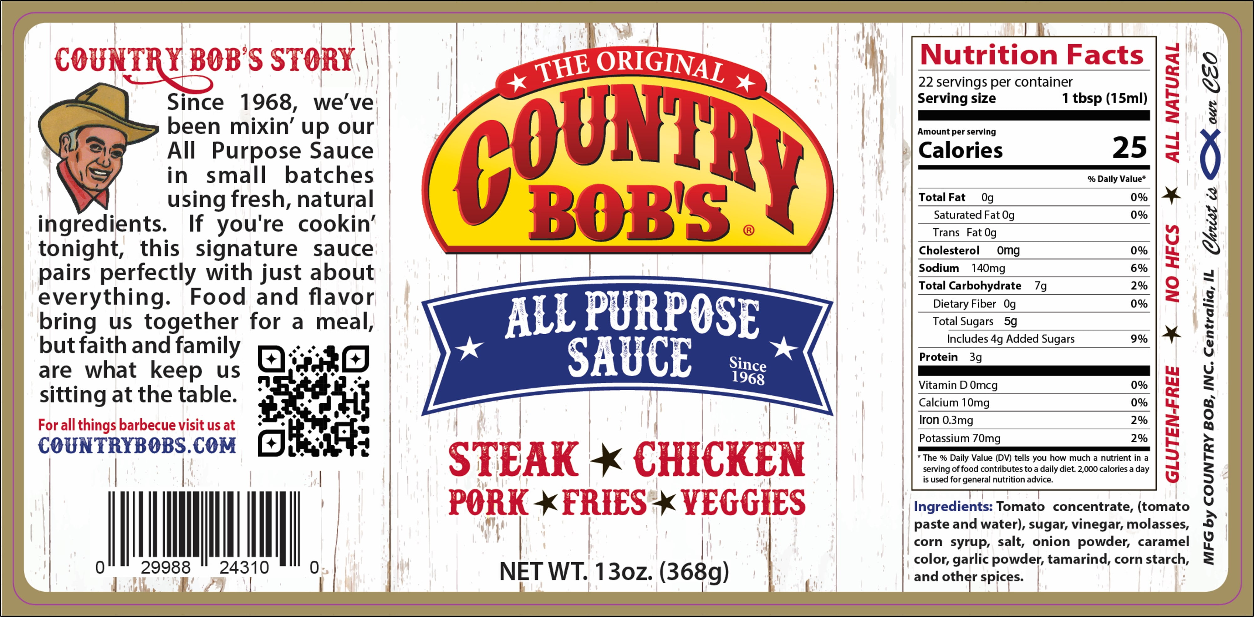 Country Bob’s All Purpose Sauce, The Original, 13 oz Bottle, No Allergens