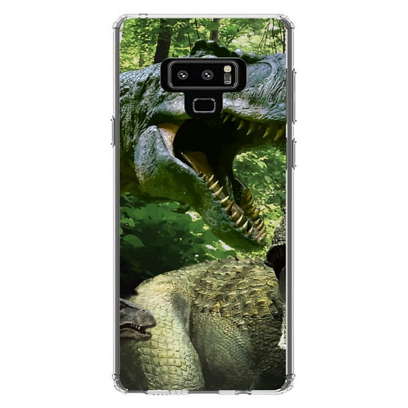 DistinctInk Clear Shockproof Hybrid Case for Samsung Galaxy Note 9 - TPU Bumper, Acrylic Back, Tempered Glass Screen Protector - T-Rex Dinosaurs Raptor