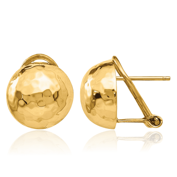 14K Solid Yellow Gold Hammered Omega Clip Back Post Stud Earrings