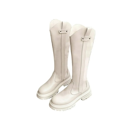 

SIMANLAN Women Fashion Tall Boot Comfort Round Toe Knee High Shoes Office Chunky Heel Riding Boots Beige 7.5
