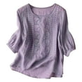 thumbnail image 2 of Entyinea Women Cotton Linen Embroidered Tops Loose Fit Tunic 3/4 Sleeve Summer Blouse Shirts Boho Peasant Trendy Clothes 2024 (Purple,M), 2 of 5