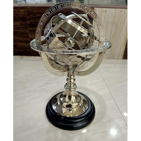 Engraved Brass Tabletop Armillary Nautical Sphere World Globe With Base Table Decor Gift (Silver Finish, 8 Inches) Rustic Vintage Home Decor Gifts