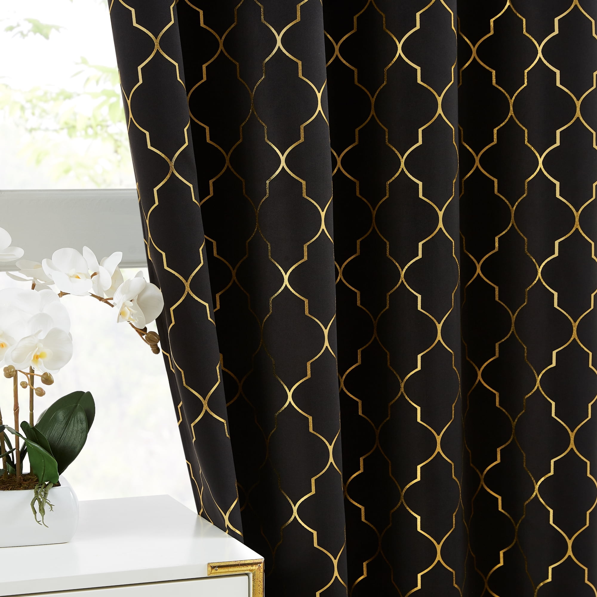 Bohogeo Full Blackout Window Curtain Panels for Bedroom,Black Modern Room Darkening Drapes with Gold Geo Metallic Moroccan Pattern Printed,Grommet Window Treatment,52" Wx84 L(Pack of 2),Black/Gold