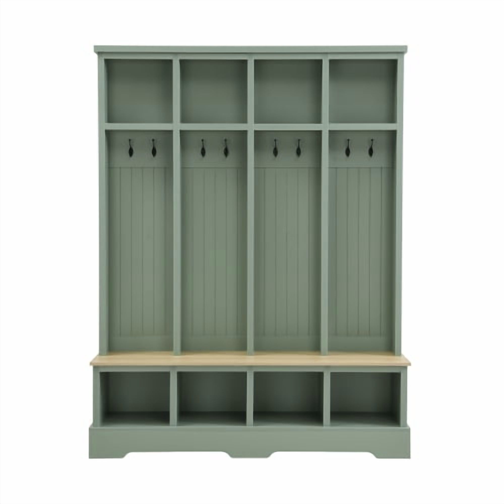 76.7" Farmhouse Hall Tree with 8 Hooks, 3-in-1 Entryway Bench & Coat Shoe Rack, Open Compartments, for Mudroom & Living Room, Green