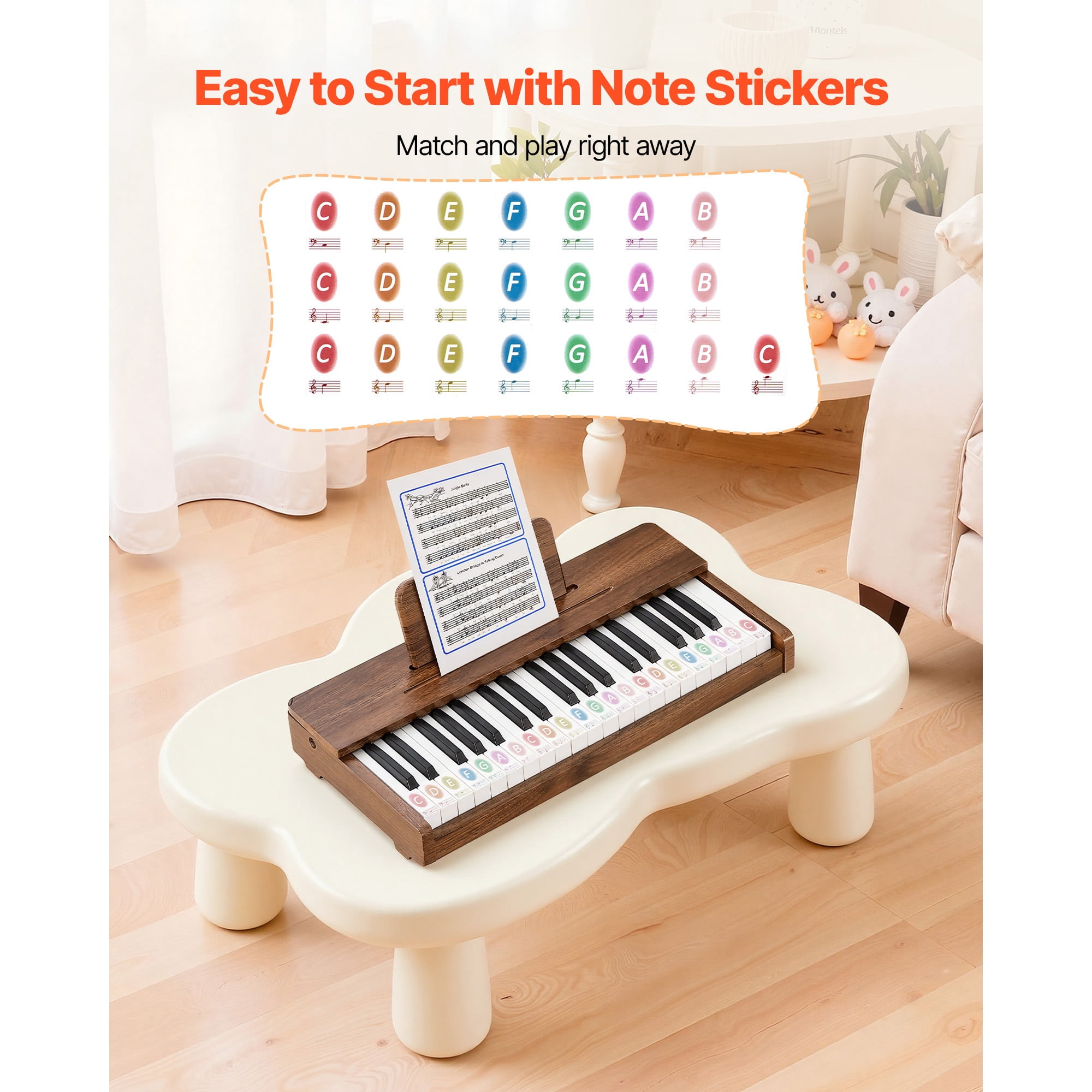 KFFKFF 37-Key Wooden Digital Piano for Kids, Mini Educational Musical Instrument with Realistic Sound, Dual Power Options, Adjustable Volume, Ideal for Toddlers and Children, Walnut Finish
