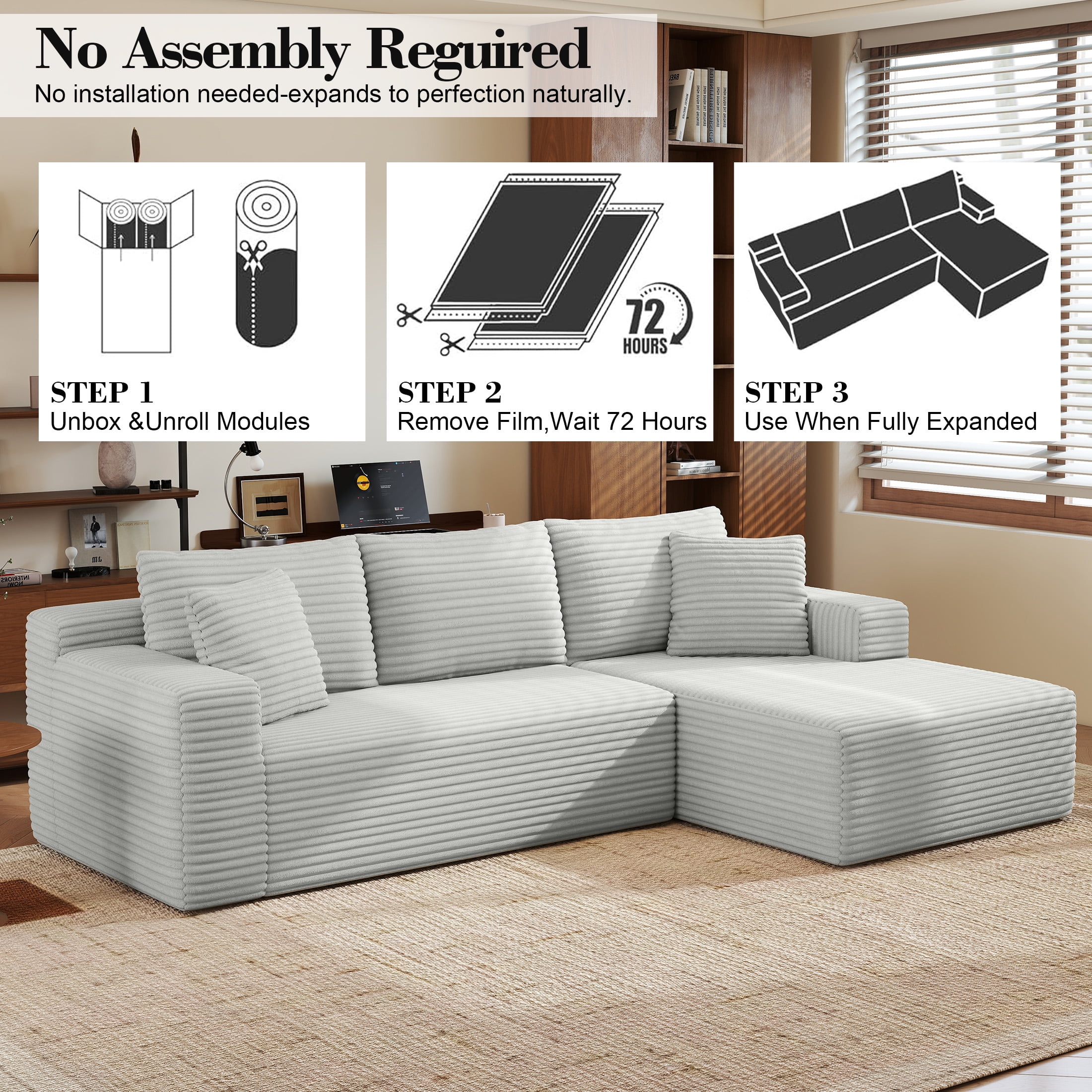 AENKYO Modular Sectional Couch with L-Shape Chaise — Modern Living Room Sofa, Gray, Right-Facing, No Assembly