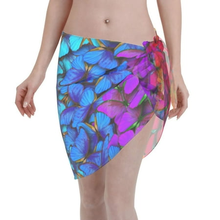 Qekee Multicolored Butterflies Women s Short Sarongs Cover Ups Sheer Bikini Wraps for Swimwear