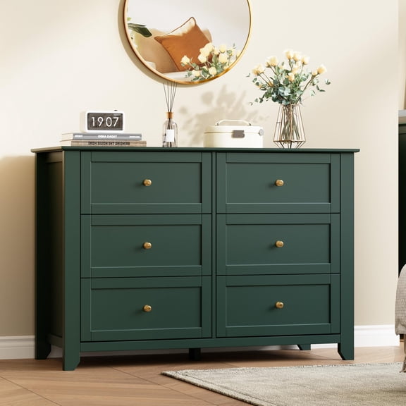 Dresser, Chest of Drawers, Green 6-Drawer Bedroom Dresser with Deep Storage, Modern Wood Organizer with Metal Knobs, Entryway Cabinet, Hallway Table, Closet Furniture, Home Storage