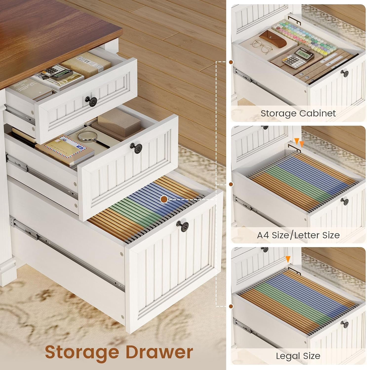 SEDETA Large L Shaped Desk with 4 Wood Drawers, 67"x 67" Executive Desk with File Drawers & Storage Cabinet, Farmhouse Corner Computer Desk with Power Strip for Home Office, White & Brown