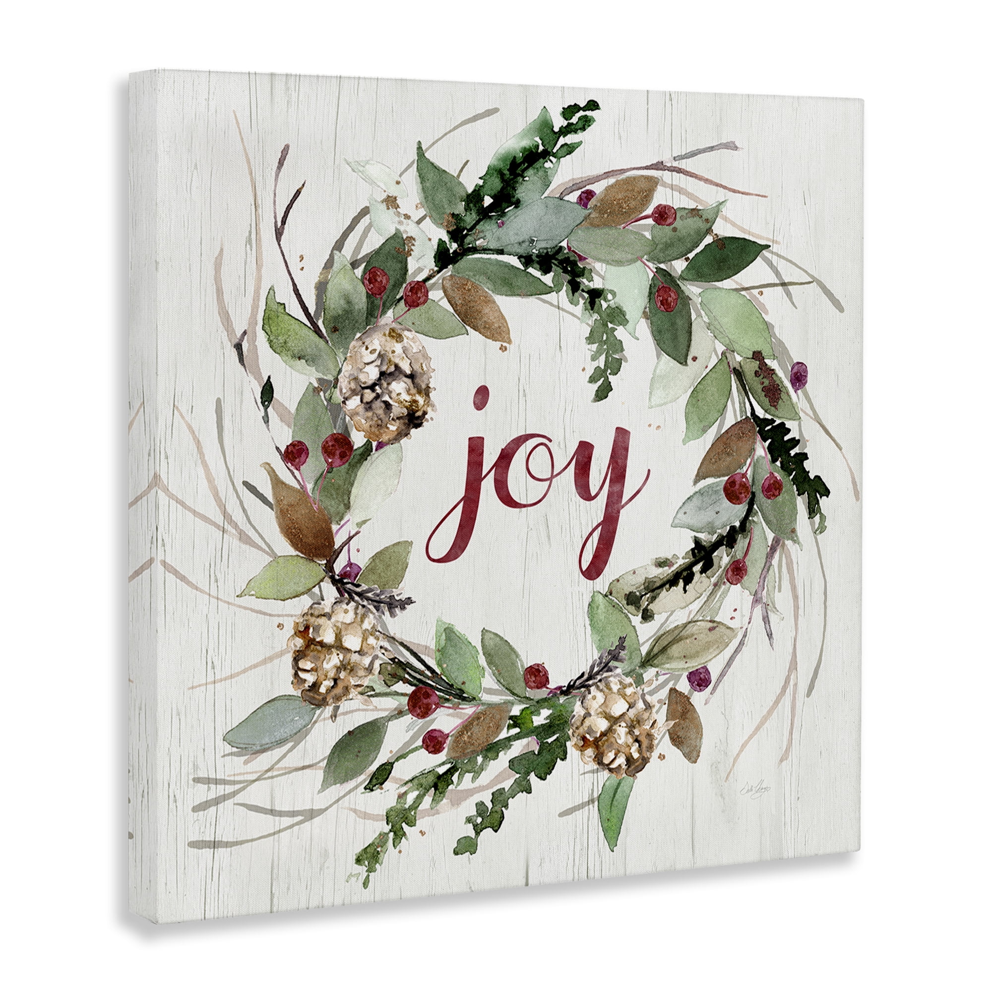 Stupell Industries Joy Seasonal Wreath Botanical & Floral Painting Gallery Wrapped Canvas Art Prints Wall Art, 24 x 24