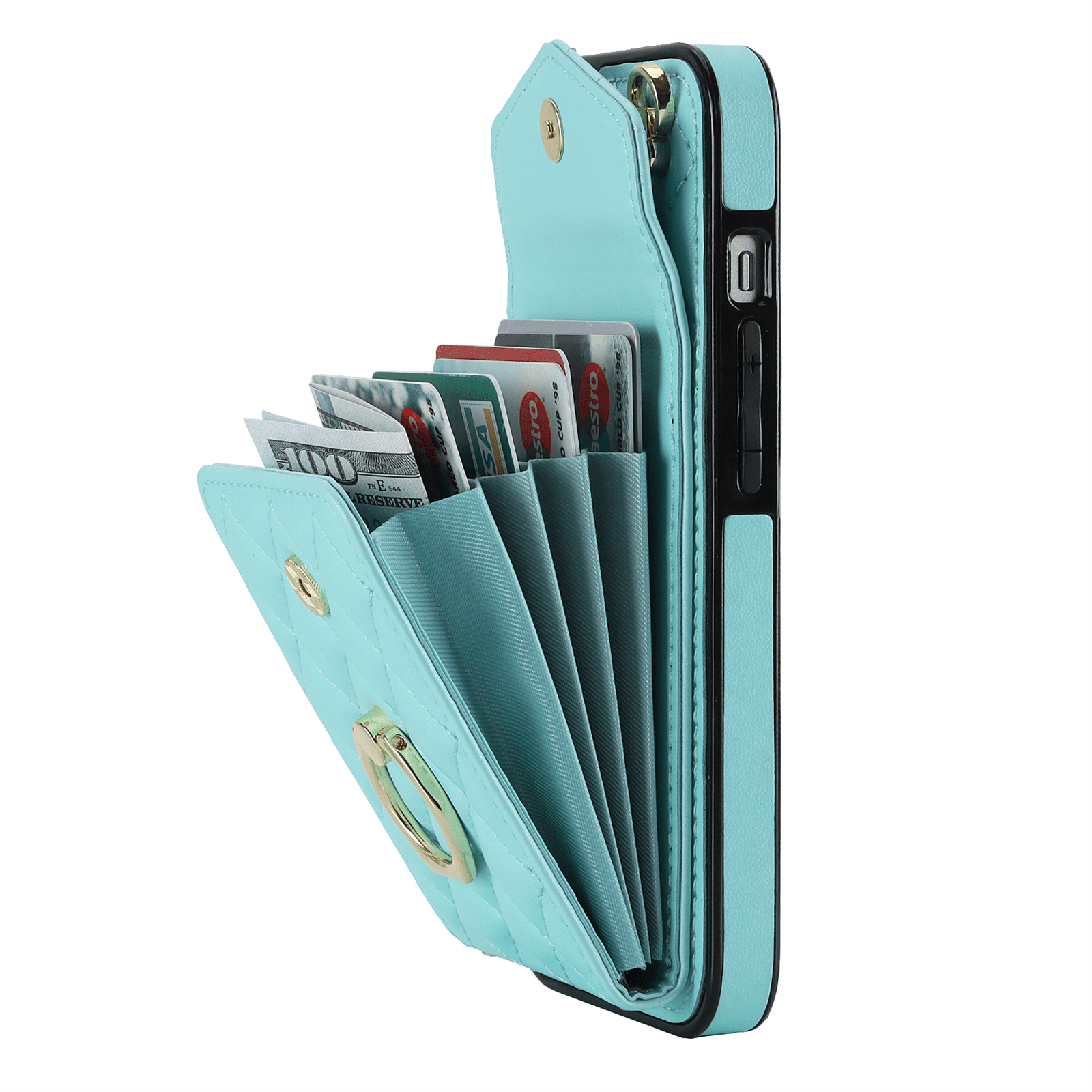 Asuwish Wallet RFID Blocking PU Leather Cell Phone Case with Tempered Glass Screen Protector, Wrist Strap for iPhone 14 Plus, Teal