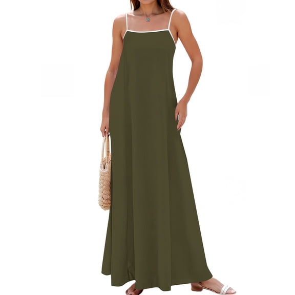 Women's Sleeveless Maxi Dress with Spaghetti Straps, Square Neck Casual Flowing Summer Vacation Beach Dress