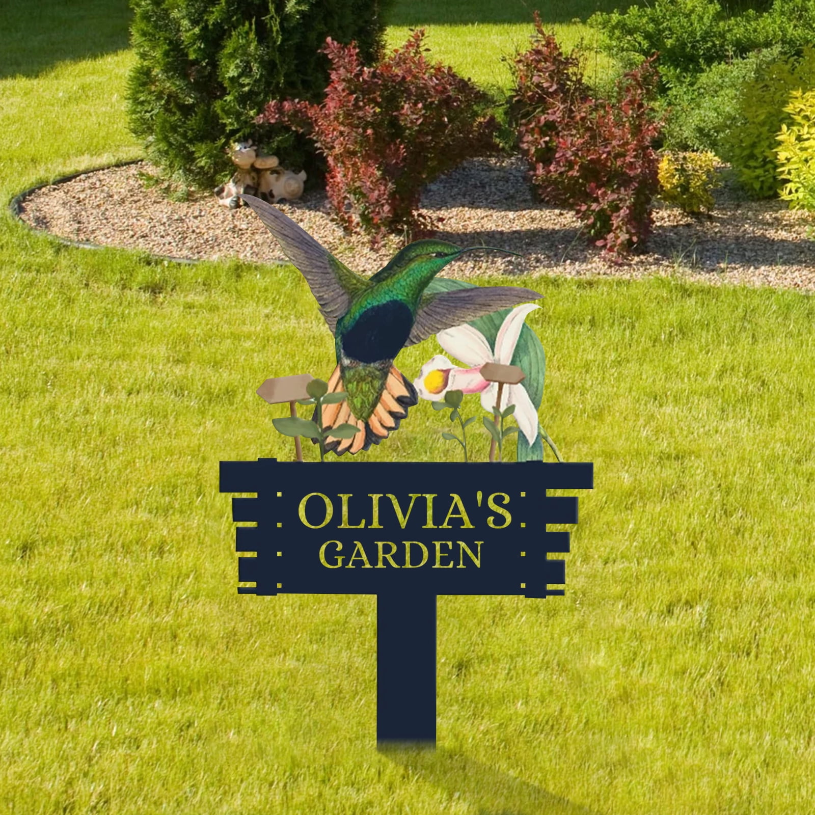 Personalized Humming Bird Flowers Garden Sign, Custom Metal Garden Signs for Outside, Custom Colorful Bird Garden Decor Art Yard Signs with Stakes, Custom Metal Name Sign Gift for Gardeners(10inches)