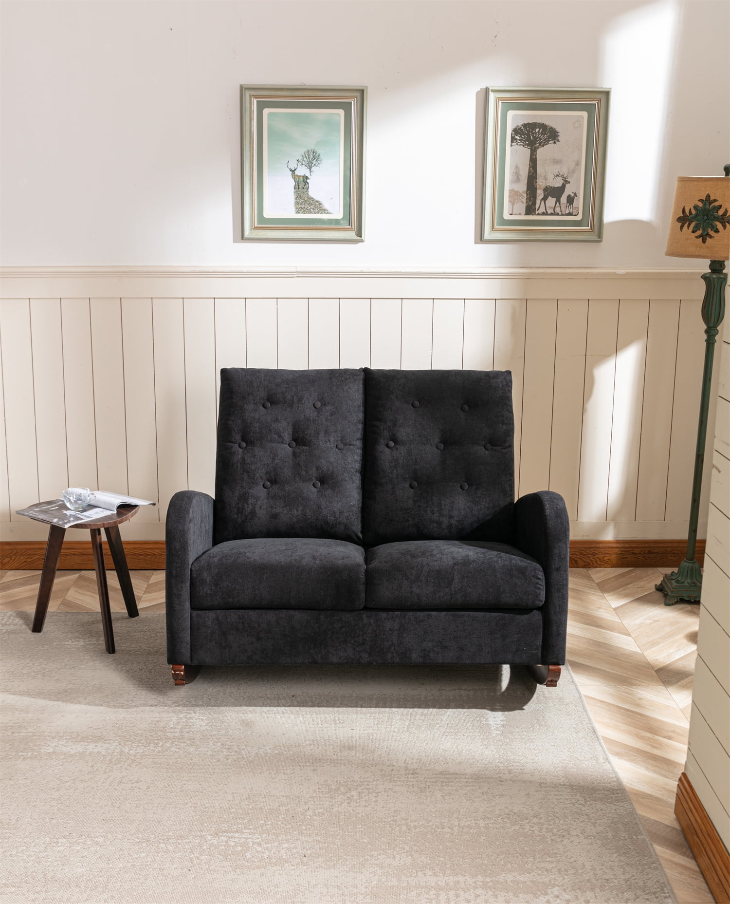 46 Inch Upholstered Rocking Sofa, Modern Button Tufted Rocking Sofa with Side Pocket Accent