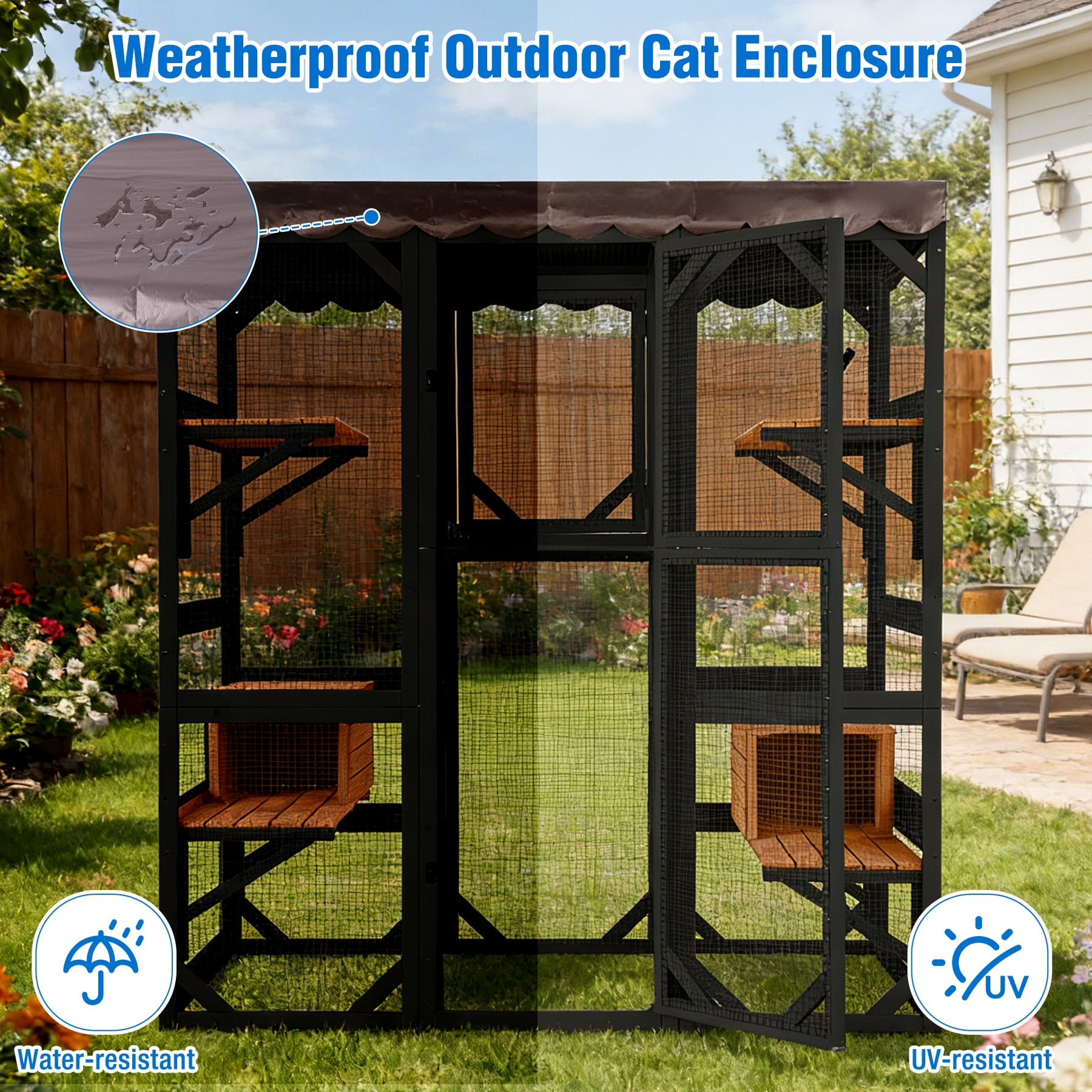 Suumerpety Catio Outdoor Cat Enclosure 70" Large Wooden Cat House with Weatherproof Roof & 7 Platforms & 2 Condons Window Catio for Indoors and Outdoors Black