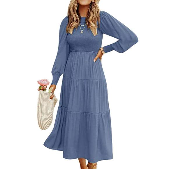 MAWCLOS Women Loose Long Sleeve Maxi Dresses Party Swing A Line Dress Denim Blue L