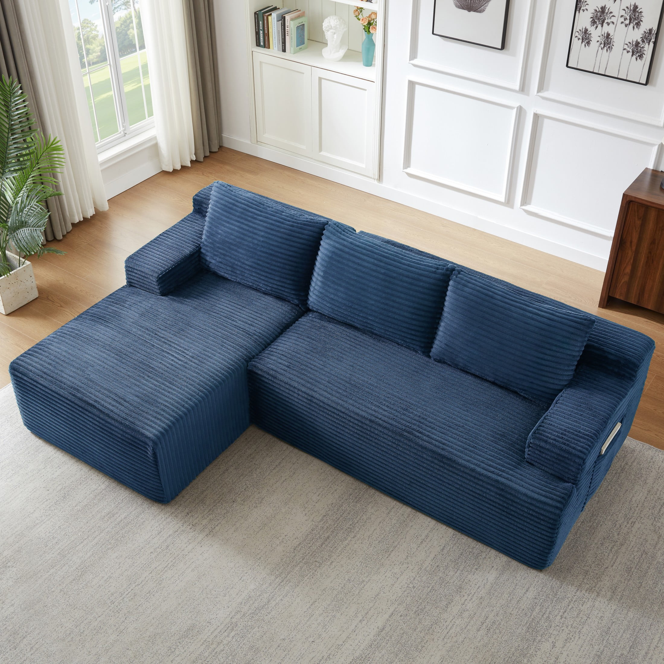 Aukfa 96" L-Shaped Cloud Sectional Sofa, Modular Boneless Couch with Deep Seat, Left-Facing Chaise, Corduroy Sleeper Sofa for Living Room, Blue