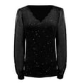 thumbnail image 6 of WTXUE Sequin Tops for Women Shell Trim V Neck Mesh Long Sleeve Blouses Glitter Party Mardi Gras Shirts Sparkly Slim Fitted Shirt Elastic Flowy Tops Elegant Dressy Casual Blouses Black L, 6 of 8