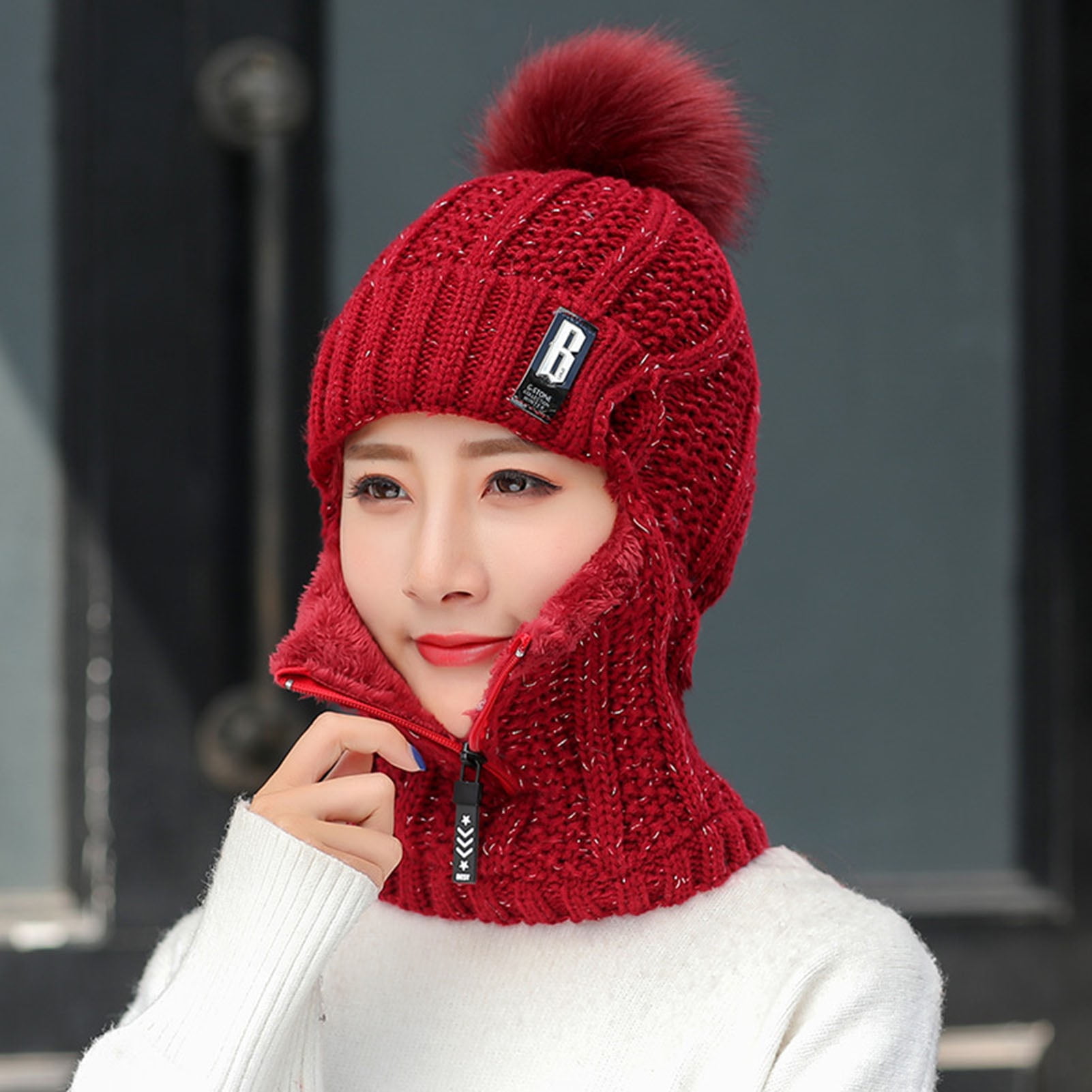 Dengjunhu Women Winter Beanie Hats One-Piece Fleece Lined Zipper Knit Mask Set Skull Neck Circle Scarf Ski Snow Hat Cap with Pompom