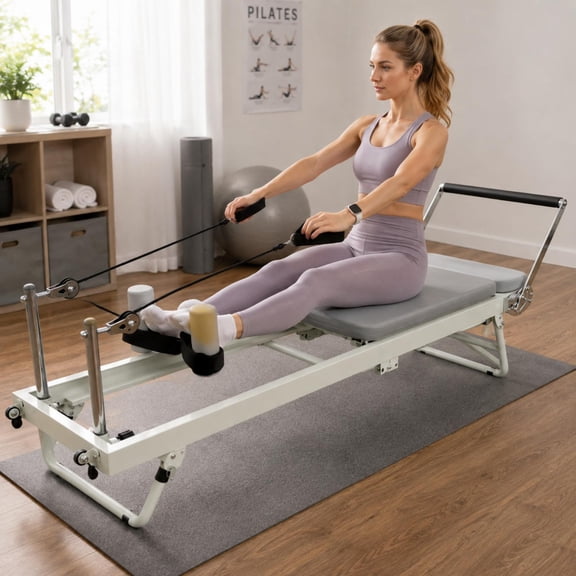 500 lbs Capacity Foldable Pilates Reformer, 75 x 22 x 30 in Pilates Exercise Equipment with Steel Sliding Rails, Leather and Foam, 5 Quiet Springs