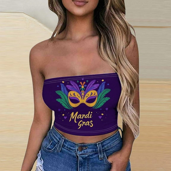 SOOMLON Mardi Gras Tube Tops for Women Carnival Outfits Tuesday Party Sleeveless Tshirts Fancy Mask Print Tops Sexy Cropped Tops New Orleans Festival Tees 2025 Purple XL