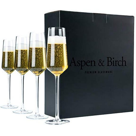 Aspen & Birch - Classic Champagne Flutes Set of 4 - Champagne Glasses - Mimosa Glasses, Premium Crystal Stemware, Clear, 6 oz, Hand Blown Glass Champagne Flutes - Hand Crafted by Artisa