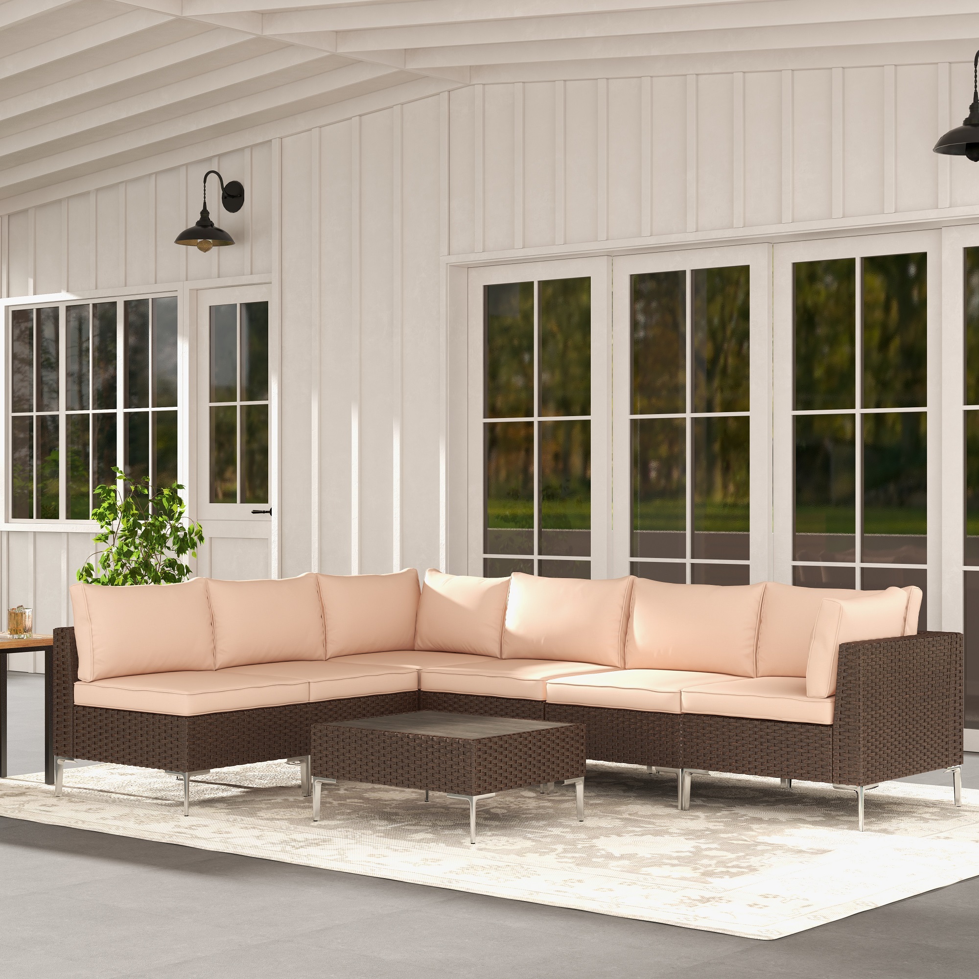 HOMREST 7 Piece Outdoor Patio Furniture Sets, Wicker Rattan Patio Conversation Sets, Steel Frame, Khaki - image 4 of 8