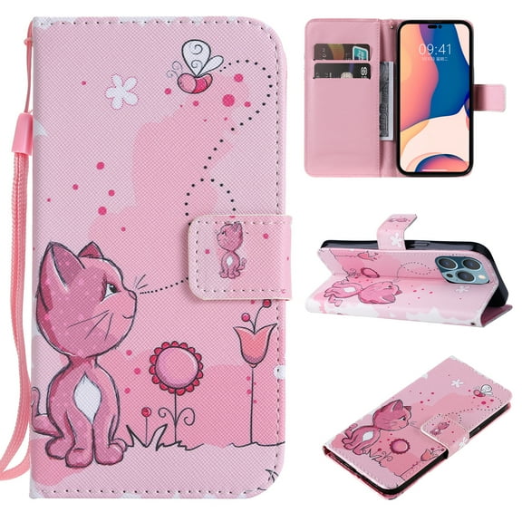 Allytech Flip PU Leather Case for iPhone 14 Pro 5G 2022 (6.1 inch), Hands Free Stand Magnetic Closure TPU Bumper Anti-Scratch Case for Apple iPhone 14 Pro, Pink Cat