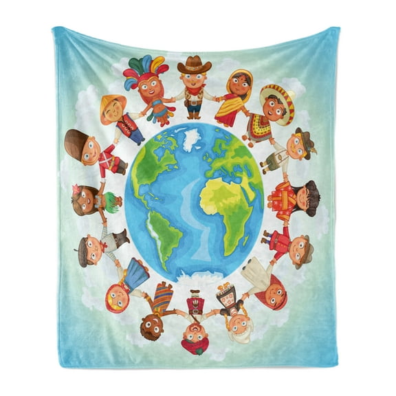 Earthy Soft Flannel Fleece Blanket, Planet Earth Surrounded with Children in Folk Costumes Cultural Diversity Ethnicity, Cozy Plush for Indoor and Outdoor Use, 60" x 80", Multicolor, by Ambesonne