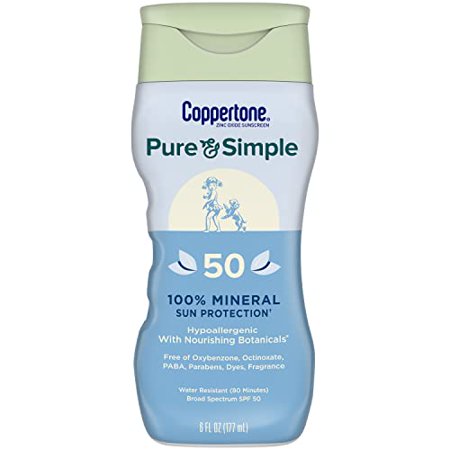 Coppertone Pure and Simple Zinc Oxide Mineral Sunscreen Lotion SPF 50  Body Sunscreen  Water Resistant  Broad Spectrum SPF 50 Sunscreen for Sensitive Skin  6 Fl Oz Bottle