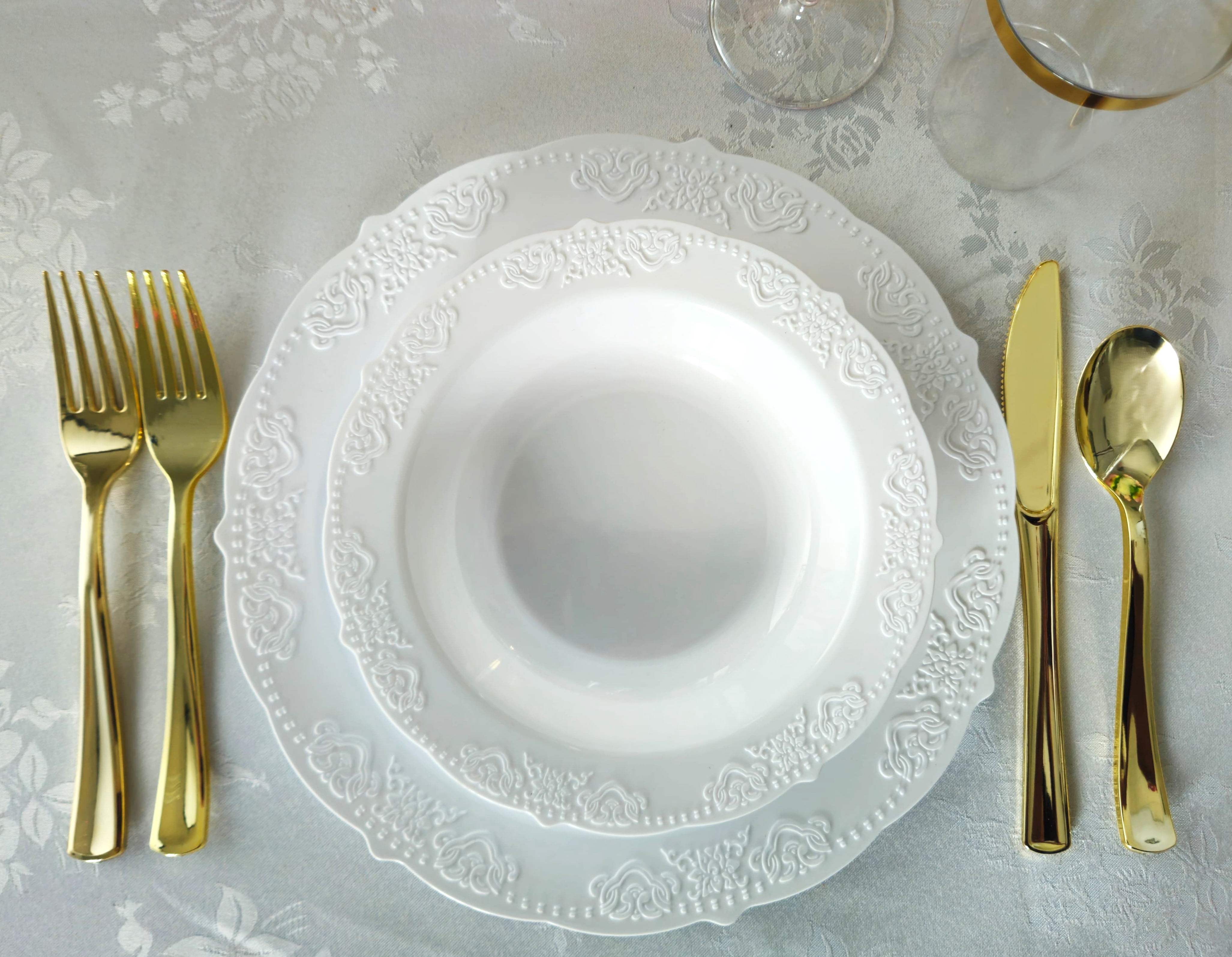 " OCCASIONS " 100 Plates Pack,(50 Guests) Vintage Wedding Party Disposable Plastic Plates Set -50x10.25'' Dinner + 50x7.5'' Salad/Dessert Plate (Portofino Plain White)