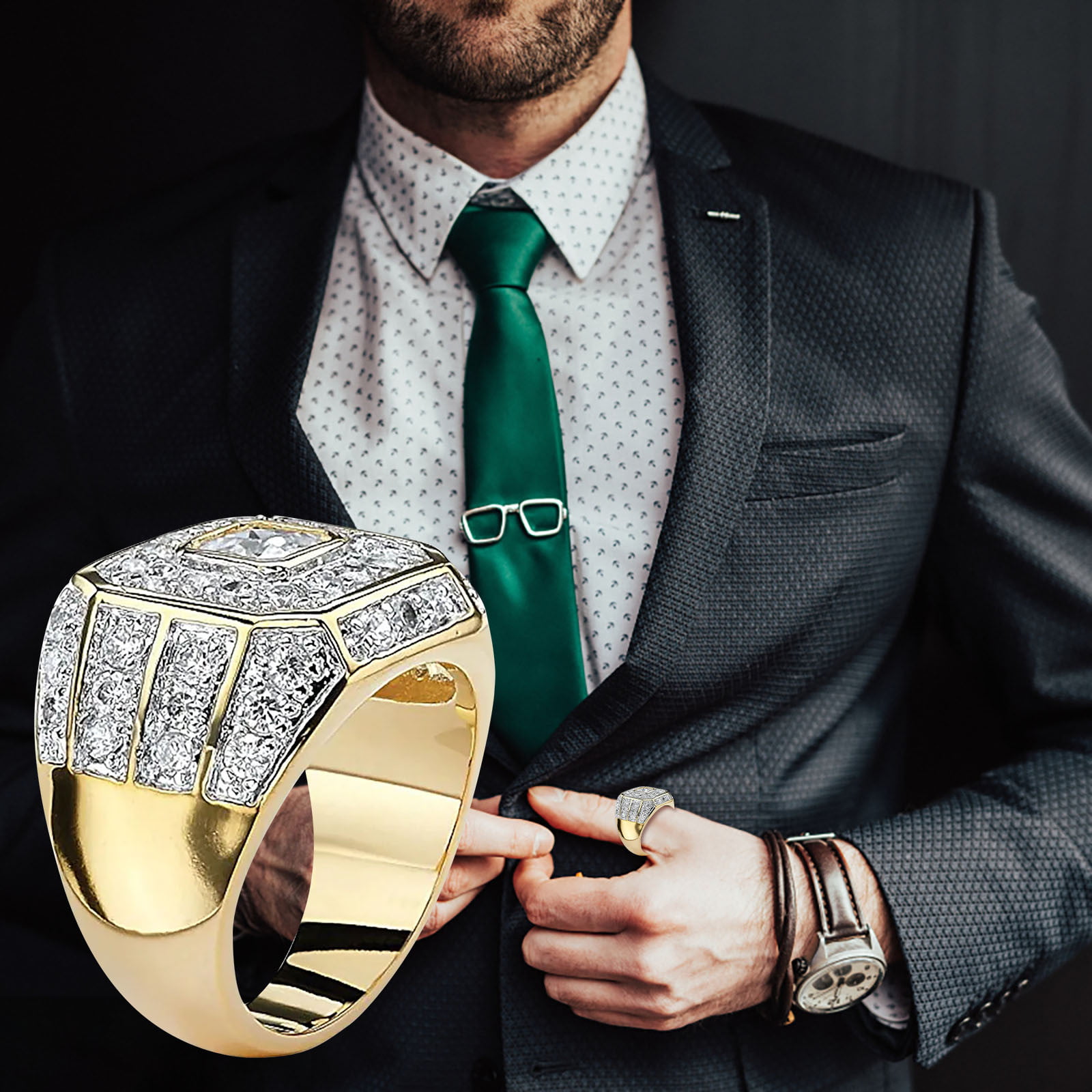 18K Gold Plated Mens Gold Cluster Ring With CZ Zircon, Vintage Rec Design,  And Diamond Accents Perfect Hip Hop Rapper Bling Gift For Boys From  Bdesybag, $24.05 | DHgate.Com