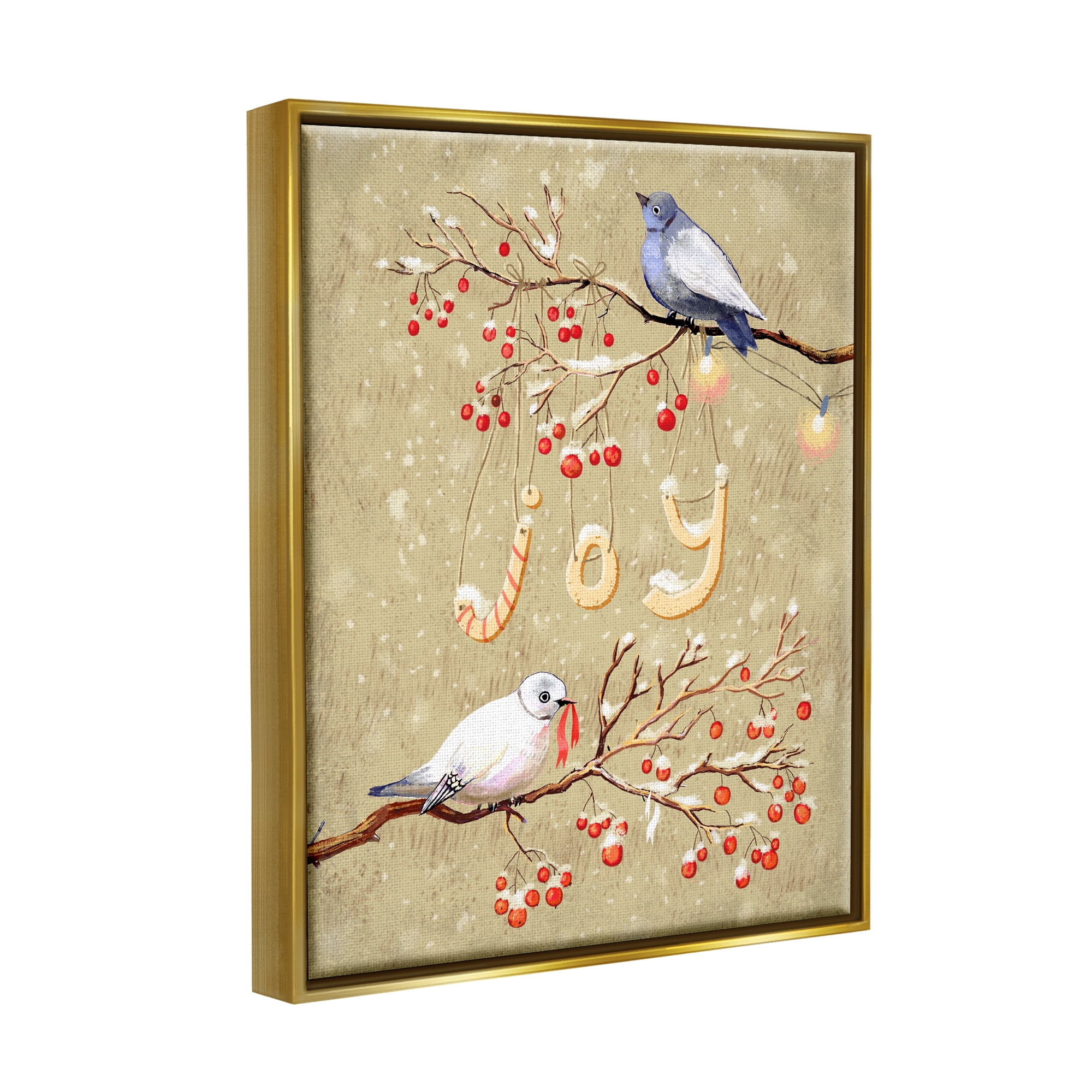 Stupell Industries Joy Birds on Winter Branches Holiday Painting Gold Floater Framed Canvas Art Print Wall Art, 25 x 31