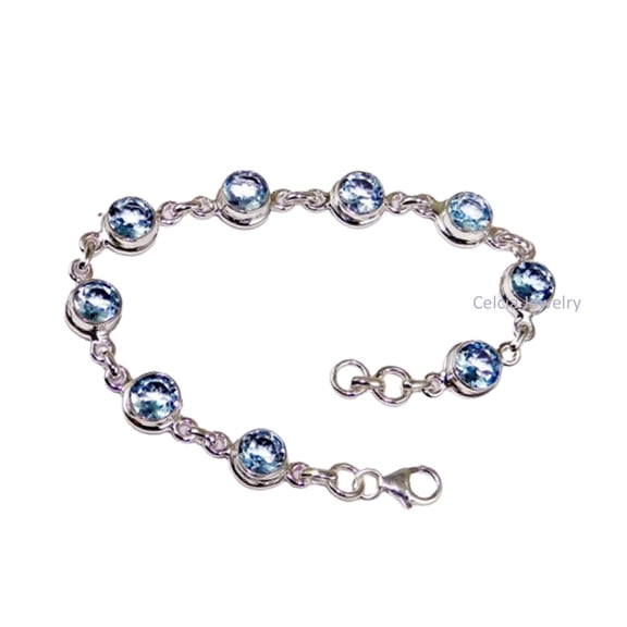 Solid 925 Sterling Silver Bracelet For Men Women, Genuine Round Blue Topaz Multi Gemstone Unique Handcrafted Bracelet For Her Him