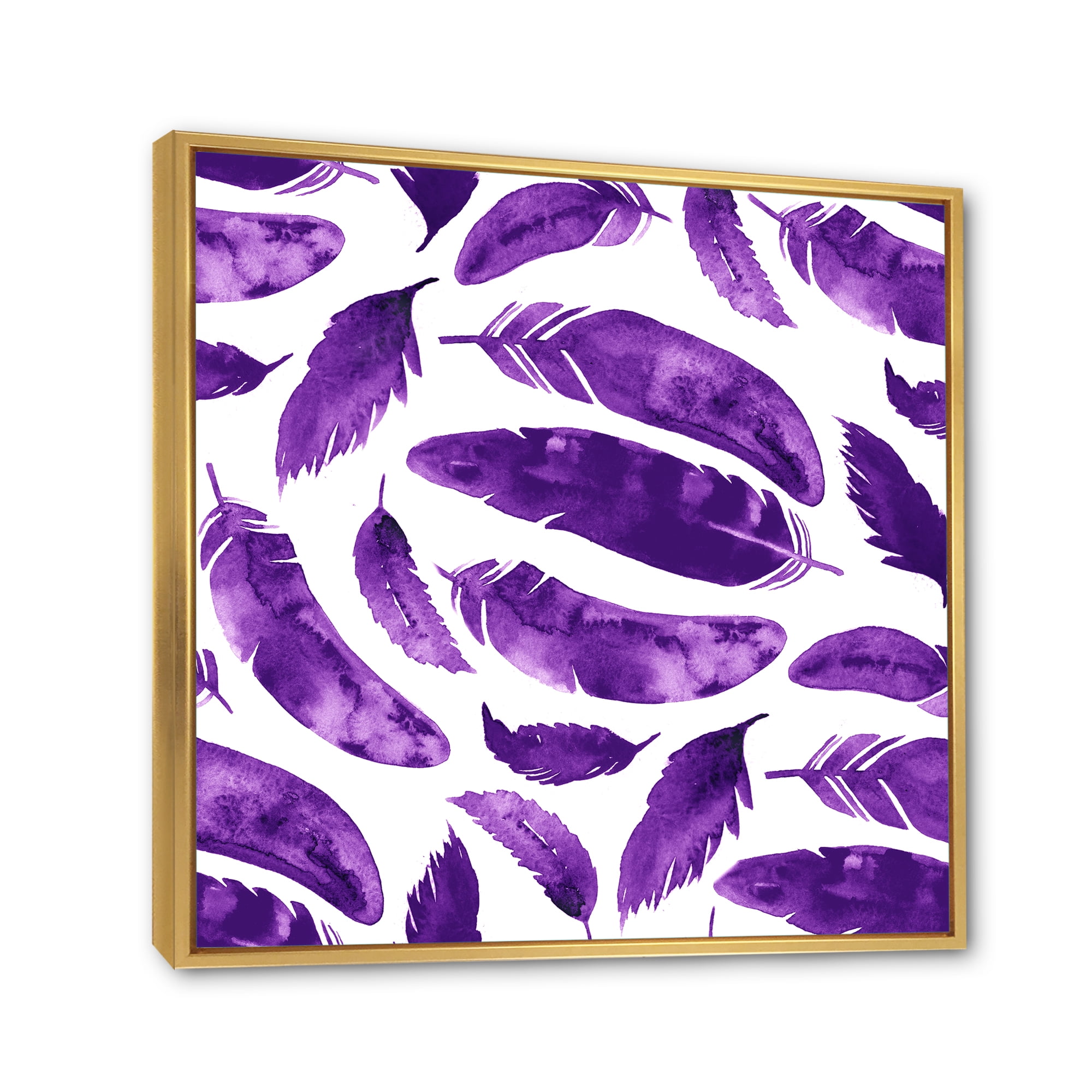 Designart 'Ethnic VIolet Feathers On White' Bohemian & Eclectic Framed Canvas Wall Art Print