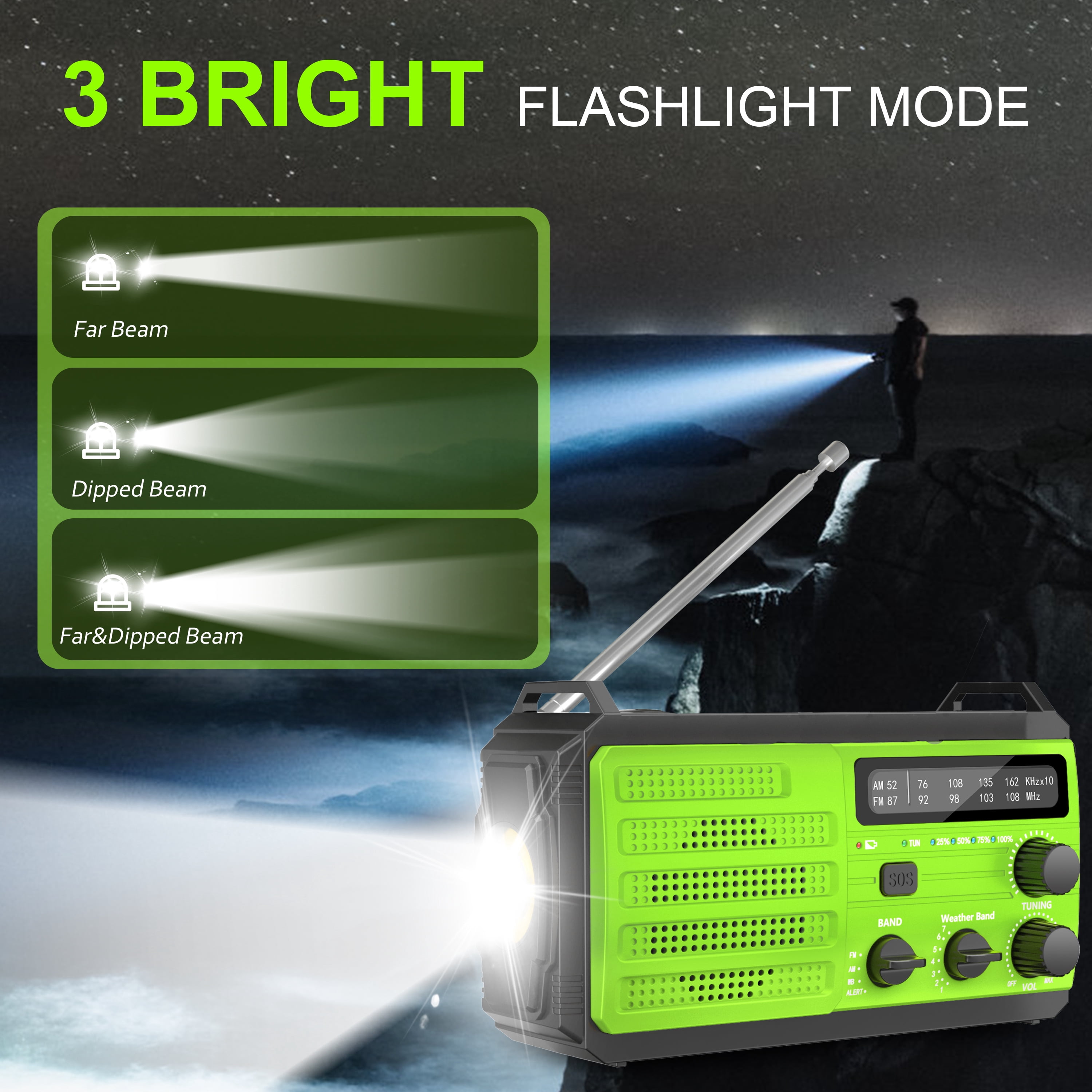 Jazmm  22200mWh Emergency Crank Radio, Emergency Solar Radio, NOAA/AM/FM Weather Radio, SOS Alarm, 6000wAh Battery Hand Crank Flashlight, Compass for Tornado, Winter Storm, and Survival Kits(Green)