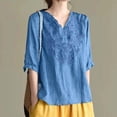 thumbnail image 2 of Camisa vintage de lino bordada para mujer: cuello en V holgado, manga 3/4, mezcla transpirable, jersey informal, blusa para todas las estaciones, 2 of 8