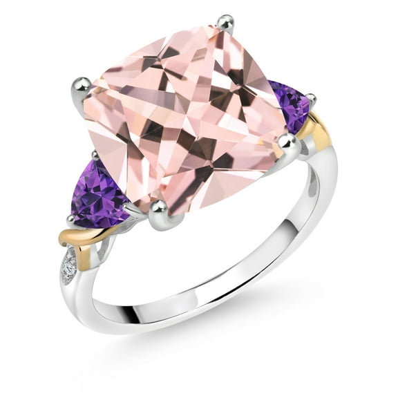 Gem Stone King 925 Silver and 10K Yellow Peach Nano Morganite and Purple Amethyst and Diamond Ring for Women (8.33 Cttw, 12MM Cushion and 5mm Trillion) (Size 7)