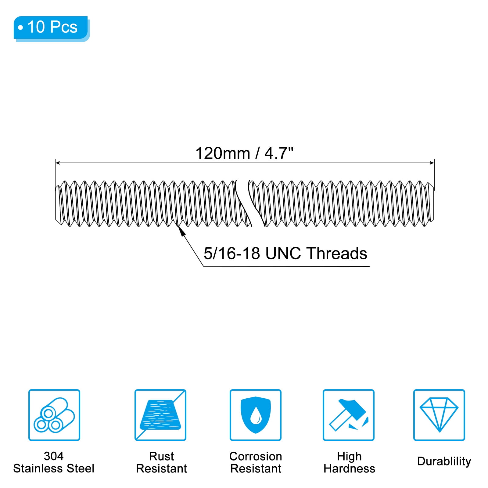 Uxcell 5/16"-18 Fully Threaded Rod, 10Pcs 4.7" Length 304 Stainless Steel Thread Screw